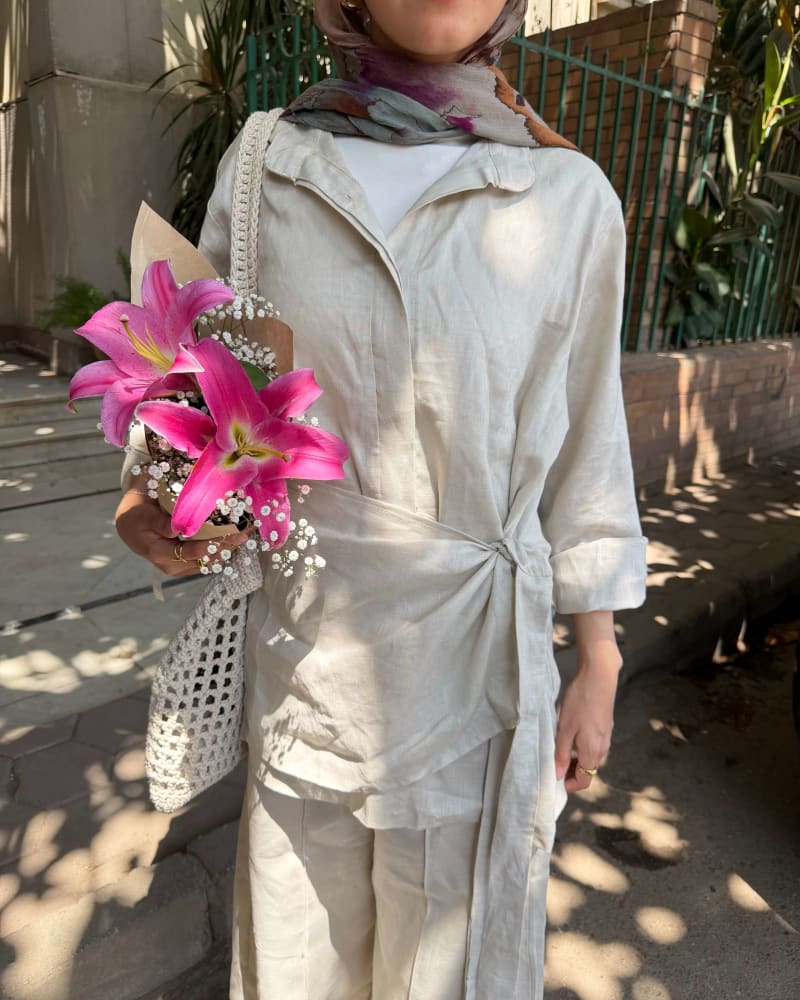Side tie linen set-Beige 
