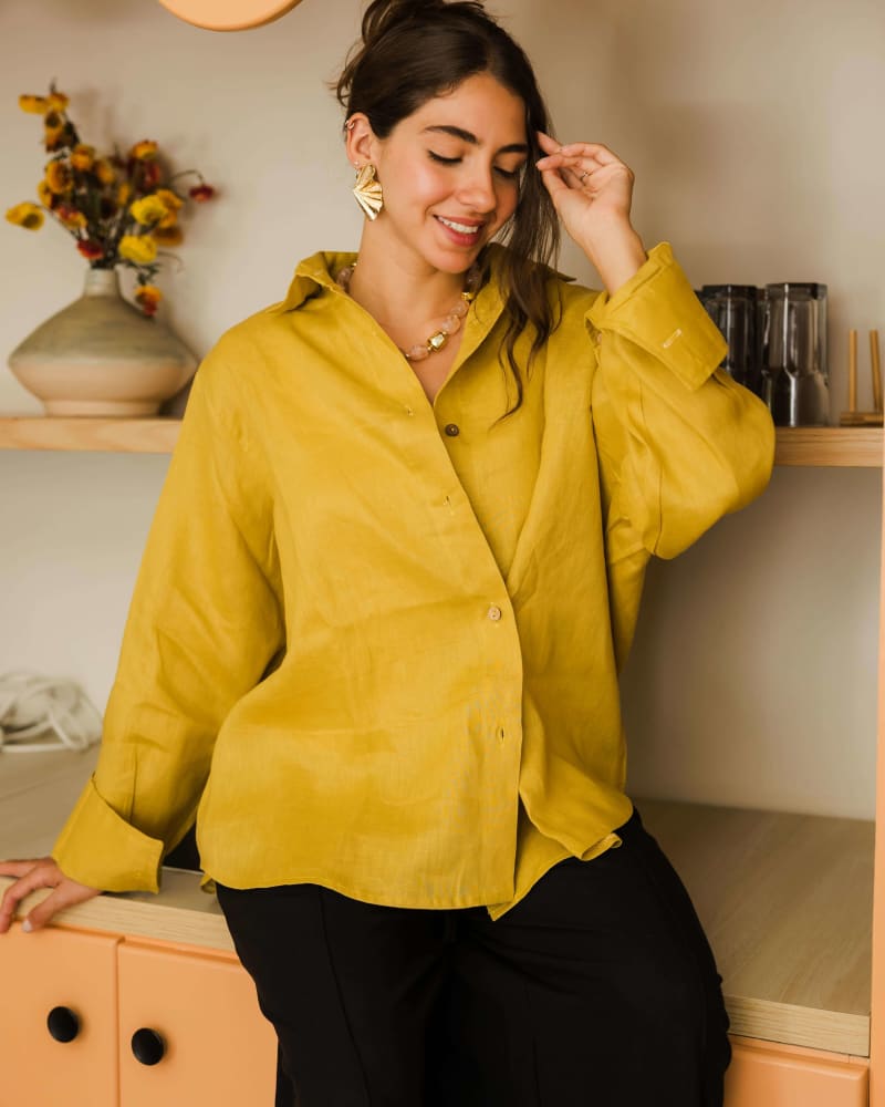 Wrap linen shirt-mustard