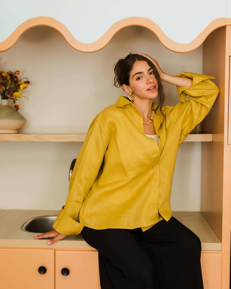 Wrap linen shirt-mustard