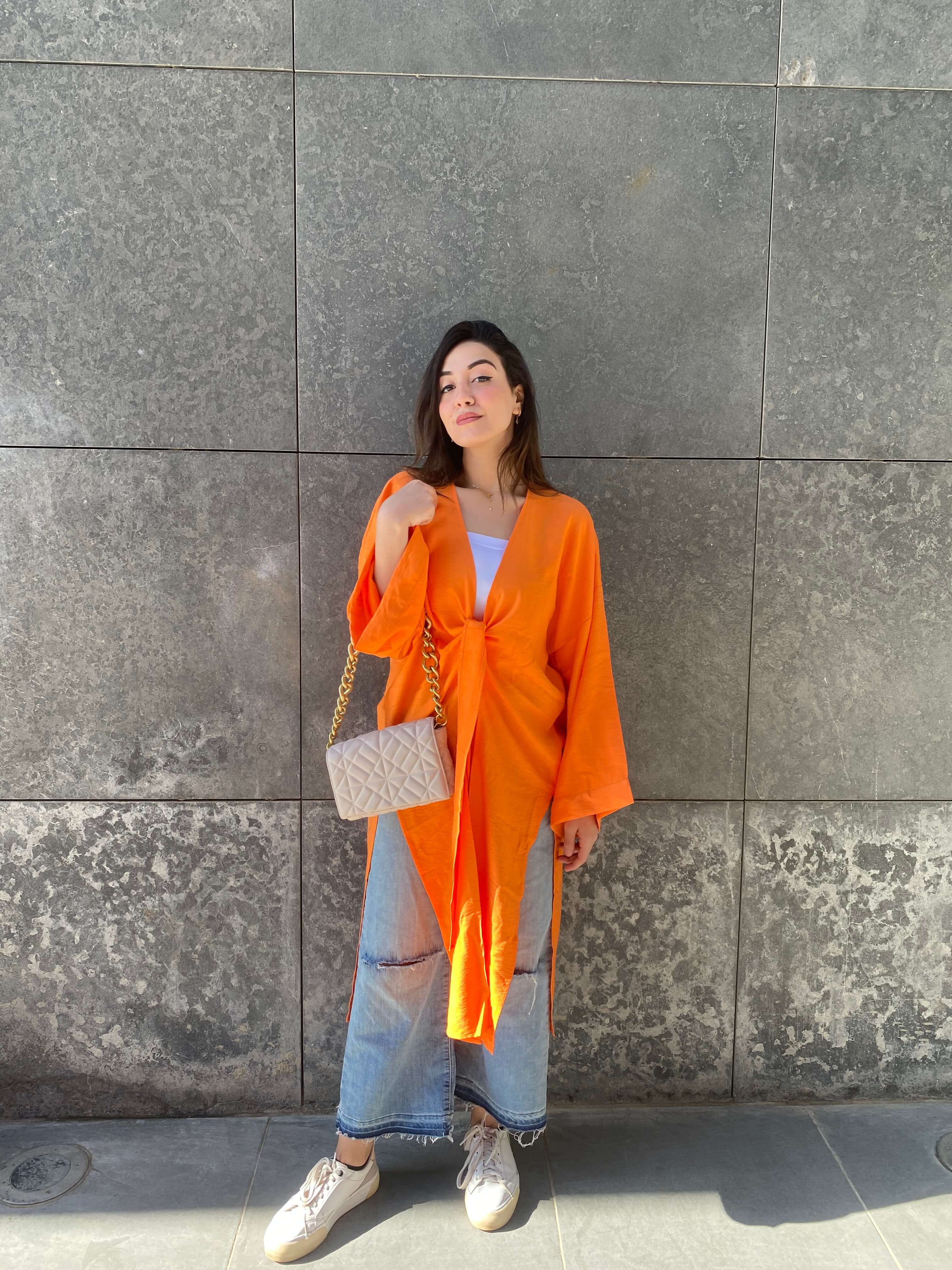 Front tie cardigan in orange 